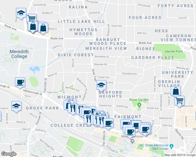 map of restaurants, bars, coffee shops, grocery stores, and more near 2820 Fowler Avenue in Raleigh