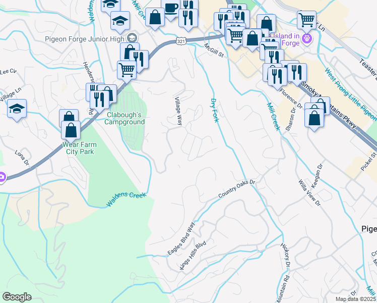 map of restaurants, bars, coffee shops, grocery stores, and more near 2886 Sequoia Road in Pigeon Forge