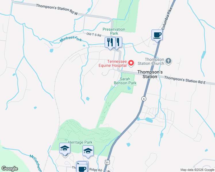 map of restaurants, bars, coffee shops, grocery stores, and more near 1743 School Street in Thompson's Station
