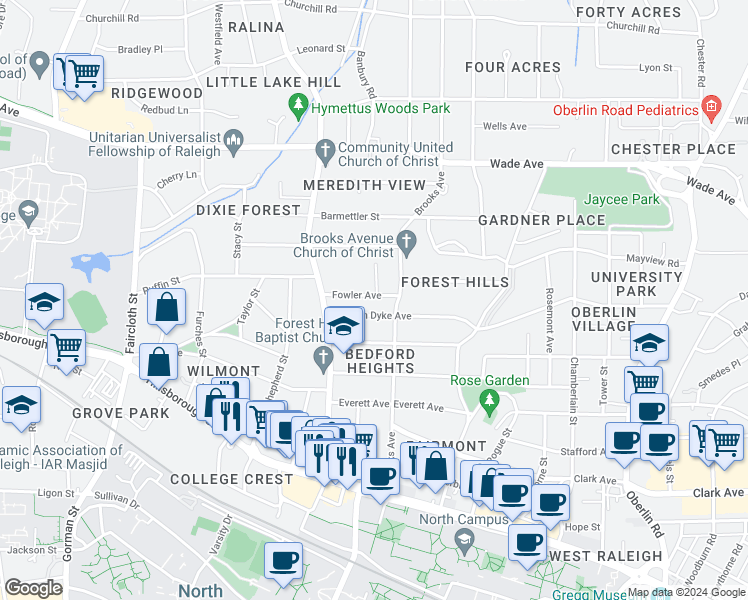 map of restaurants, bars, coffee shops, grocery stores, and more near 2809 Fowler Avenue in Raleigh