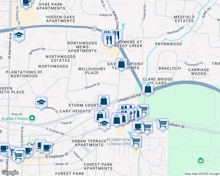 map of restaurants, bars, coffee shops, grocery stores, and more near 742 Branniff Drive in Cary