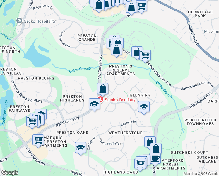 map of restaurants, bars, coffee shops, grocery stores, and more near 817 Berwick Valley Lane in Cary