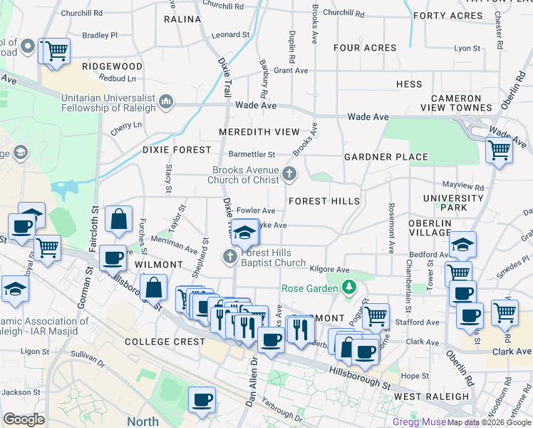map of restaurants, bars, coffee shops, grocery stores, and more near 2809 Fowler Avenue in Raleigh