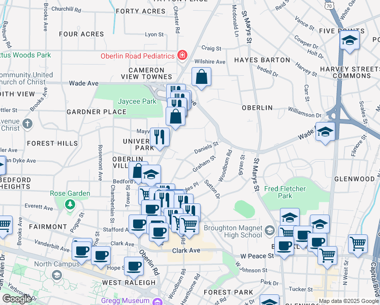 map of restaurants, bars, coffee shops, grocery stores, and more near 831 Daniels Street in Raleigh