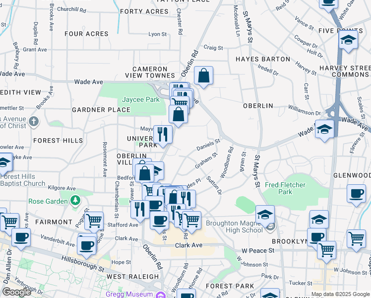 map of restaurants, bars, coffee shops, grocery stores, and more near 1002 Oberlin Road in Raleigh