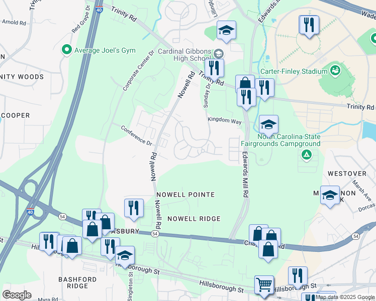map of restaurants, bars, coffee shops, grocery stores, and more near 1000 Trinity Ridge Road in Raleigh