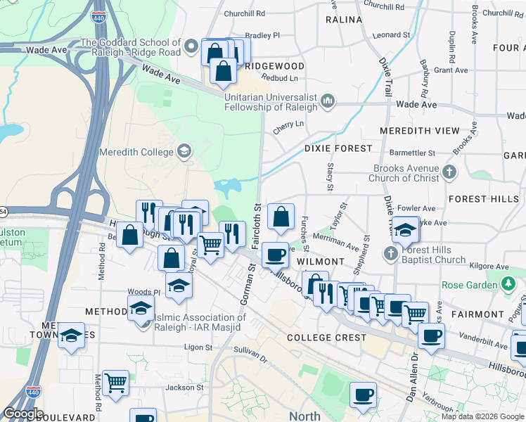 map of restaurants, bars, coffee shops, grocery stores, and more near 204 Faircloth Street in Raleigh