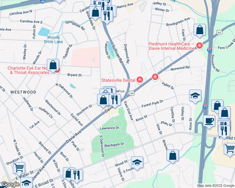 map of restaurants, bars, coffee shops, grocery stores, and more near 948 Sherwood Lane in Statesville