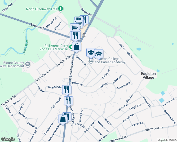 map of restaurants, bars, coffee shops, grocery stores, and more near 2637 Druid Hill Drive in Maryville