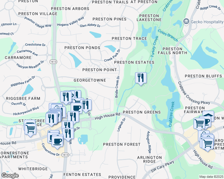 map of restaurants, bars, coffee shops, grocery stores, and more near 118 Timber Hitch Road in Cary