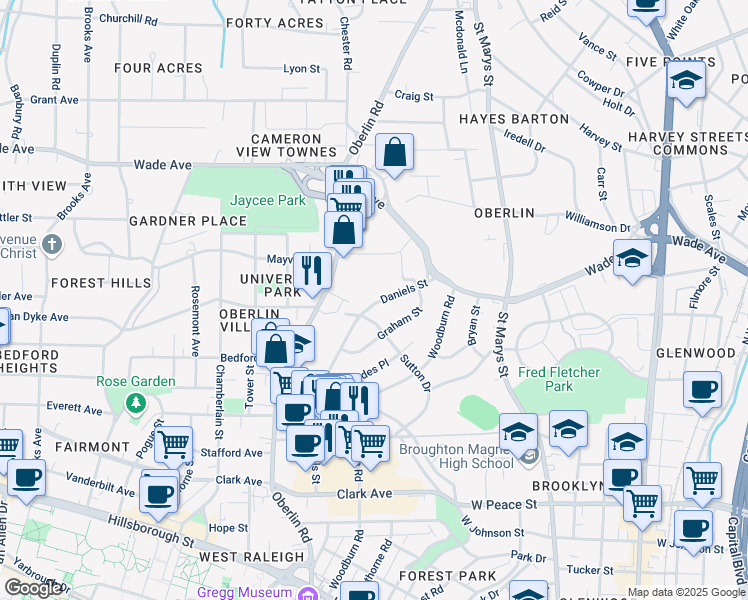 map of restaurants, bars, coffee shops, grocery stores, and more near 835 Daniels Street in Raleigh