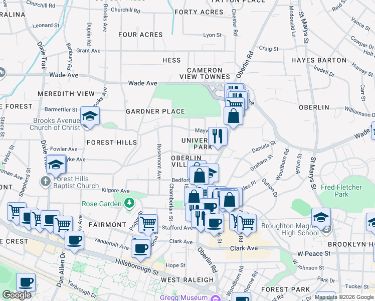 map of restaurants, bars, coffee shops, grocery stores, and more near 2400 Van Dyke Avenue in Raleigh