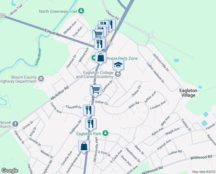 map of restaurants, bars, coffee shops, grocery stores, and more near 2528 Cinema Drive in Maryville