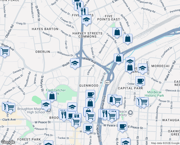 map of restaurants, bars, coffee shops, grocery stores, and more near 501 Hamilton Cottage Way in Raleigh