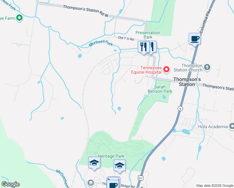 map of restaurants, bars, coffee shops, grocery stores, and more near 1743 School Street in Thompson's Station