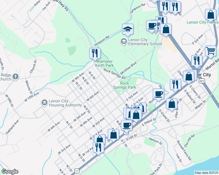 map of restaurants, bars, coffee shops, grocery stores, and more near 203 Rock Springs Annex in Lenoir City