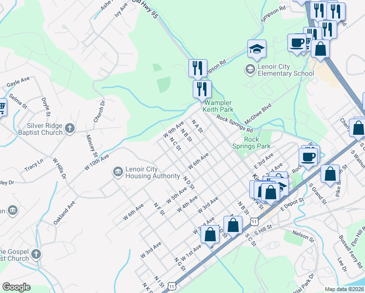 map of restaurants, bars, coffee shops, grocery stores, and more near 807 North C Street in Lenoir City
