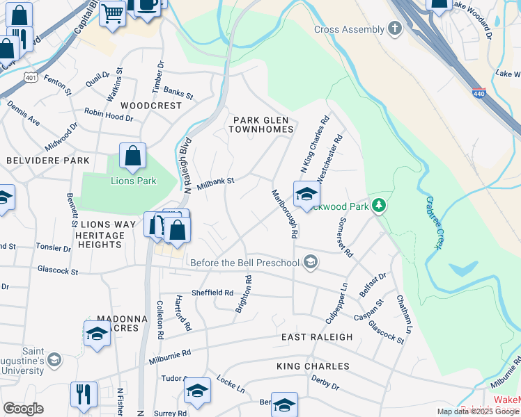 map of restaurants, bars, coffee shops, grocery stores, and more near 1104 Holburn Place in Raleigh