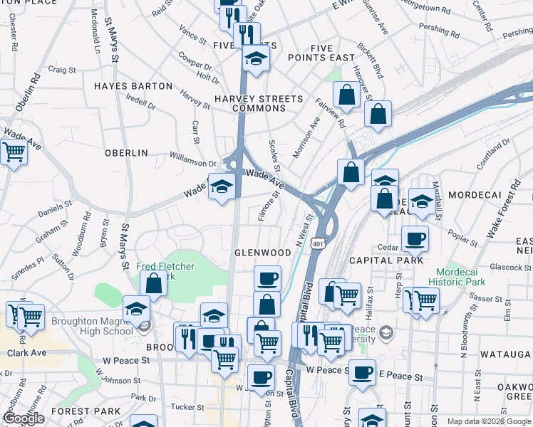 map of restaurants, bars, coffee shops, grocery stores, and more near 501 Hamilton Cottage Way in Raleigh