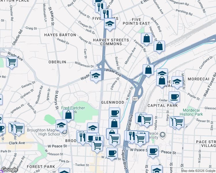 map of restaurants, bars, coffee shops, grocery stores, and more near 501 Hamilton Cottage Way in Raleigh