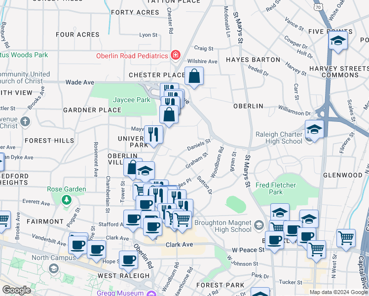 map of restaurants, bars, coffee shops, grocery stores, and more near 821 Daniels Street in Raleigh