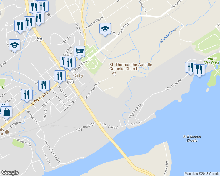 map of restaurants, bars, coffee shops, grocery stores, and more near 1889 Saint Thomas Way in Lenoir City