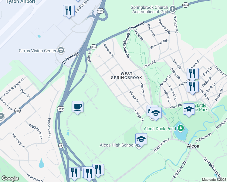 map of restaurants, bars, coffee shops, grocery stores, and more near 1626 Mills Street in Alcoa