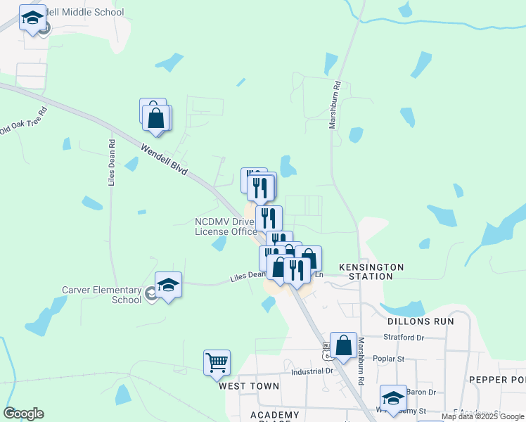 map of restaurants, bars, coffee shops, grocery stores, and more near 2837 Wendell Boulevard in Wendell