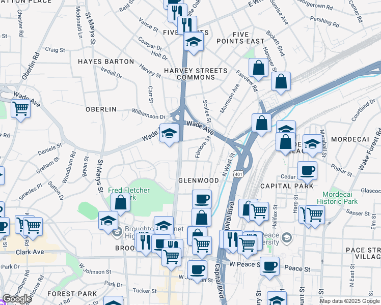 map of restaurants, bars, coffee shops, grocery stores, and more near 501 Hamilton Cottage Way in Raleigh