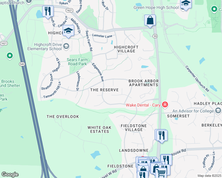 map of restaurants, bars, coffee shops, grocery stores, and more near 108 Caymus Court in Cary