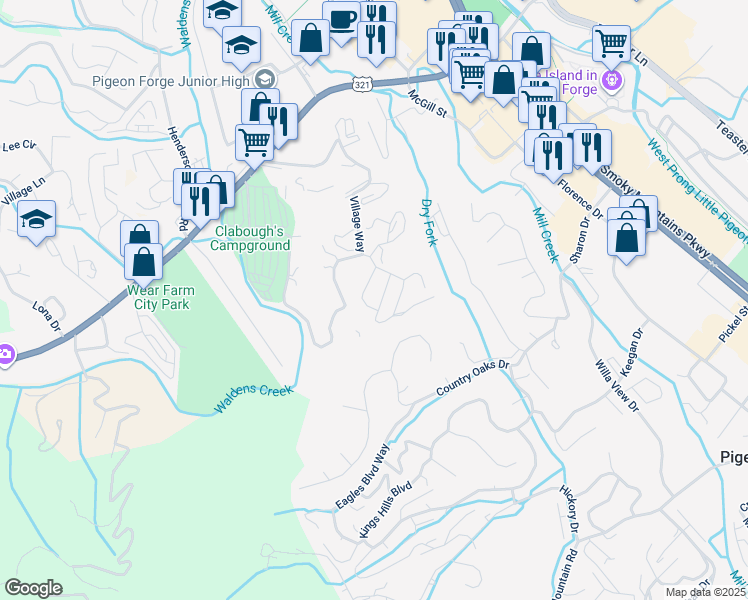 map of restaurants, bars, coffee shops, grocery stores, and more near 2886 Sequoia Road in Pigeon Forge