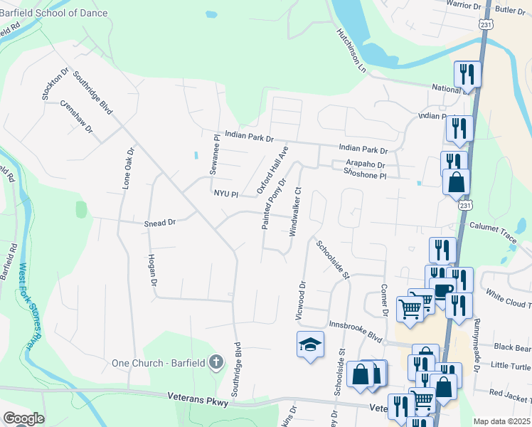 map of restaurants, bars, coffee shops, grocery stores, and more near 2923 Painted Pony Drive in Murfreesboro