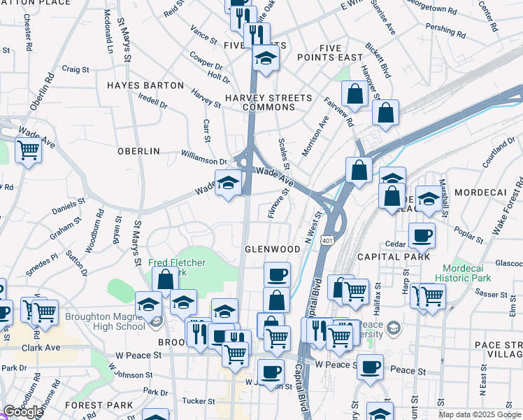 map of restaurants, bars, coffee shops, grocery stores, and more near 511 Hamilton Cottage Way in Raleigh