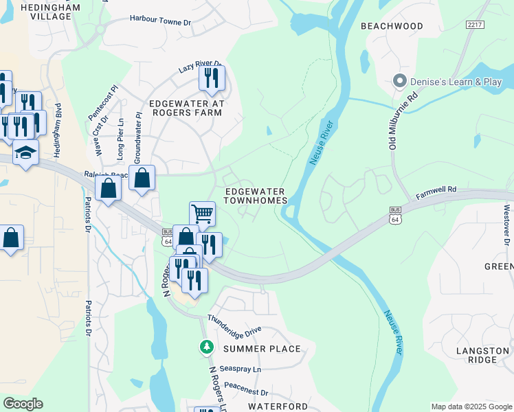 map of restaurants, bars, coffee shops, grocery stores, and more near 5416 Big Bass Drive in Raleigh