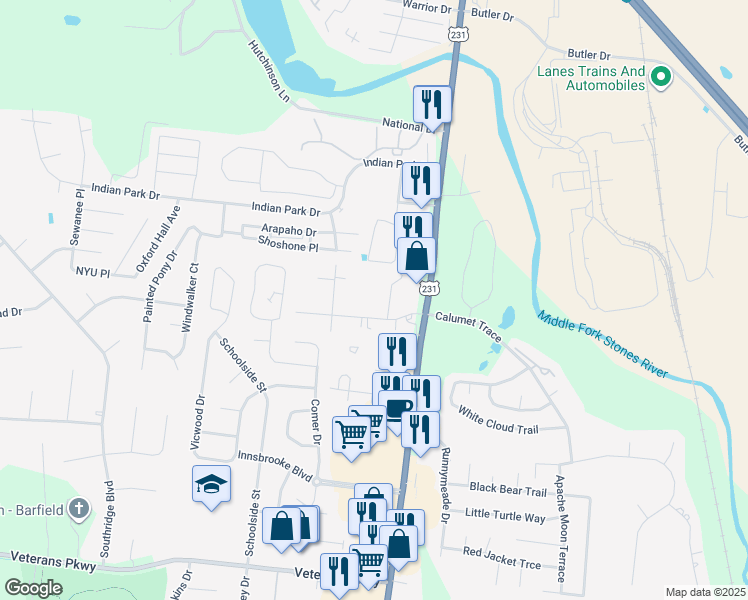map of restaurants, bars, coffee shops, grocery stores, and more near 2580 Dixon Court in Murfreesboro