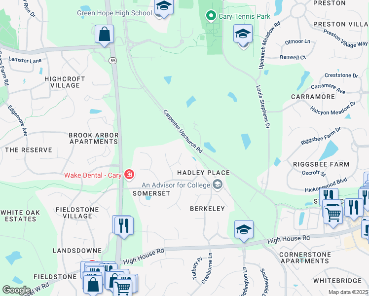 map of restaurants, bars, coffee shops, grocery stores, and more near 212 Glebe Way in Cary