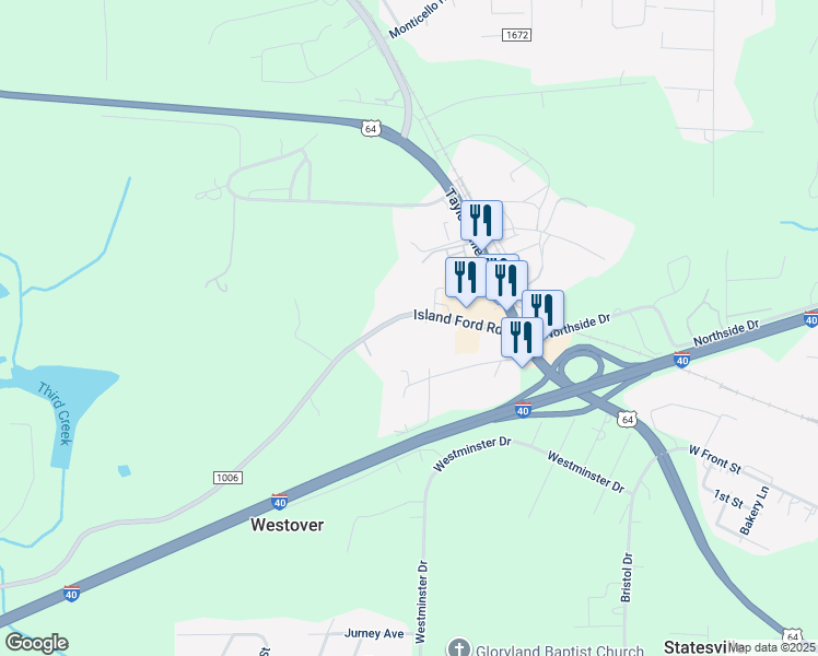 map of restaurants, bars, coffee shops, grocery stores, and more near 233 Island Ford Road in Statesville