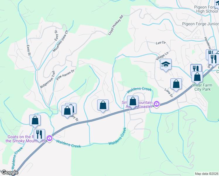 map of restaurants, bars, coffee shops, grocery stores, and more near 3160 White Falcon Way in Pigeon Forge