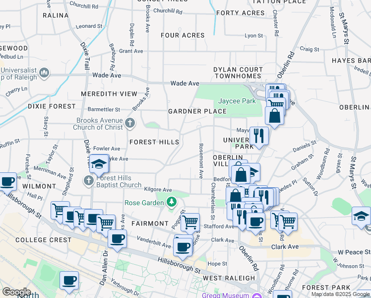 map of restaurants, bars, coffee shops, grocery stores, and more near 814 Fairall Drive in Raleigh