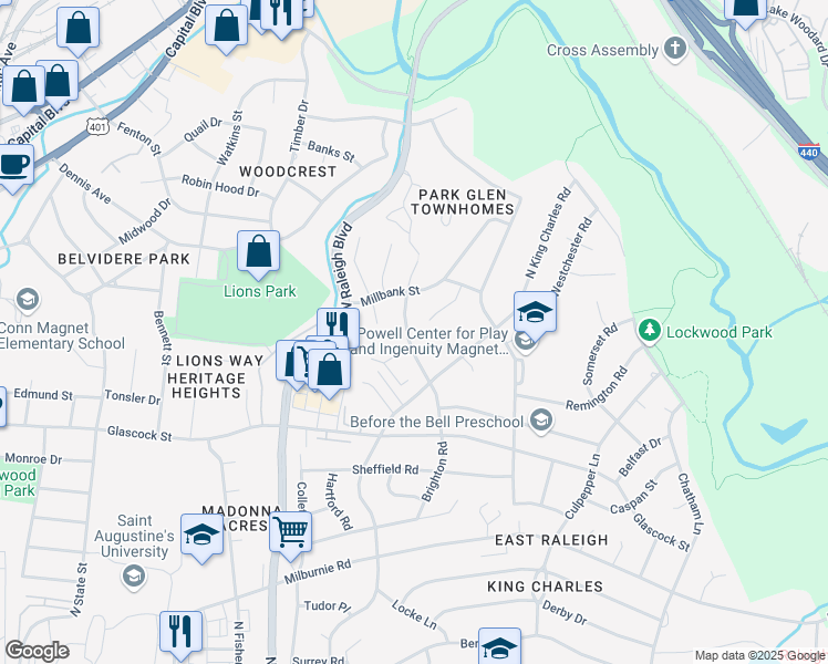 map of restaurants, bars, coffee shops, grocery stores, and more near 1130 Brighton Road in Raleigh