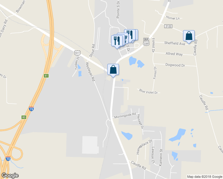 map of restaurants, bars, coffee shops, grocery stores, and more near 1202 South Main Street in Randleman