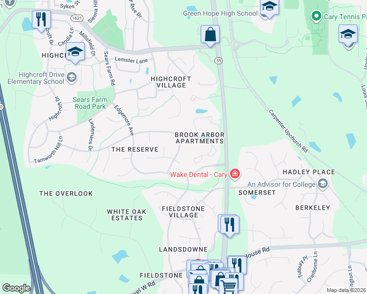 map of restaurants, bars, coffee shops, grocery stores, and more near 206 Briardale Avenue in Cary