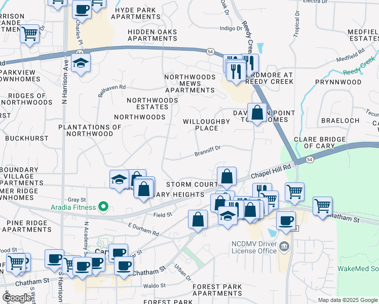 map of restaurants, bars, coffee shops, grocery stores, and more near 629 Branniff Drive in Cary
