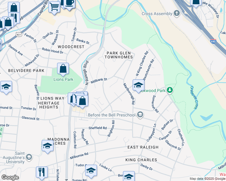map of restaurants, bars, coffee shops, grocery stores, and more near 1116 Holburn Place in Raleigh