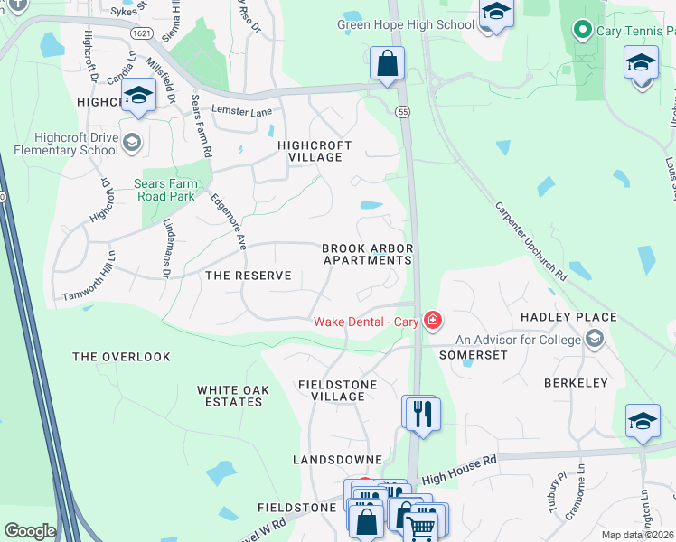 map of restaurants, bars, coffee shops, grocery stores, and more near 206 Briardale Avenue in Cary