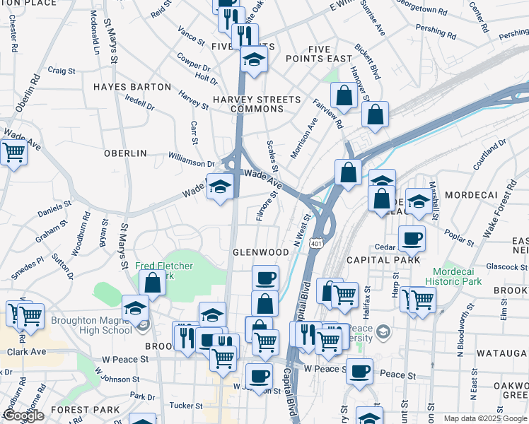 map of restaurants, bars, coffee shops, grocery stores, and more near 501 Hamilton Cottage Way in Raleigh