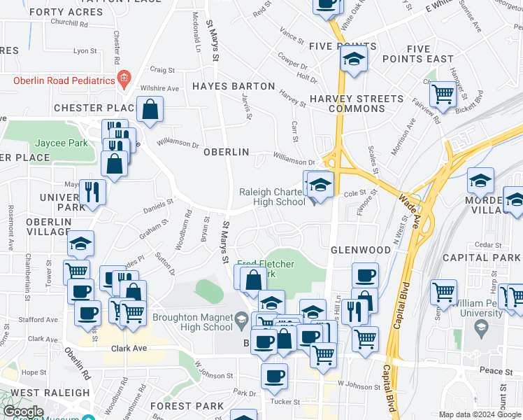 map of restaurants, bars, coffee shops, grocery stores, and more near 1021 Brighthurst Drive in Raleigh