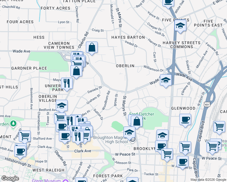map of restaurants, bars, coffee shops, grocery stores, and more near 717 Wade Avenue in Raleigh