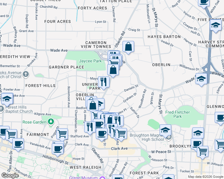 map of restaurants, bars, coffee shops, grocery stores, and more near 1002 Oberlin Road in Raleigh