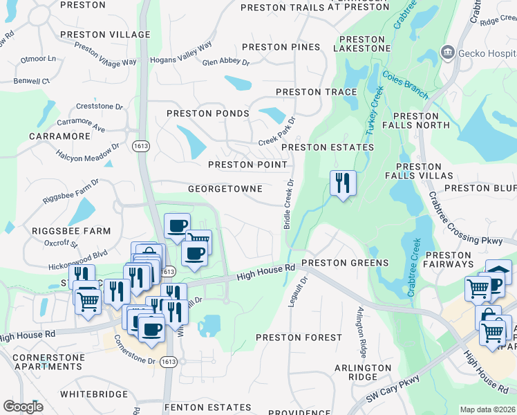 map of restaurants, bars, coffee shops, grocery stores, and more near 110 Timber Hitch Road in Cary